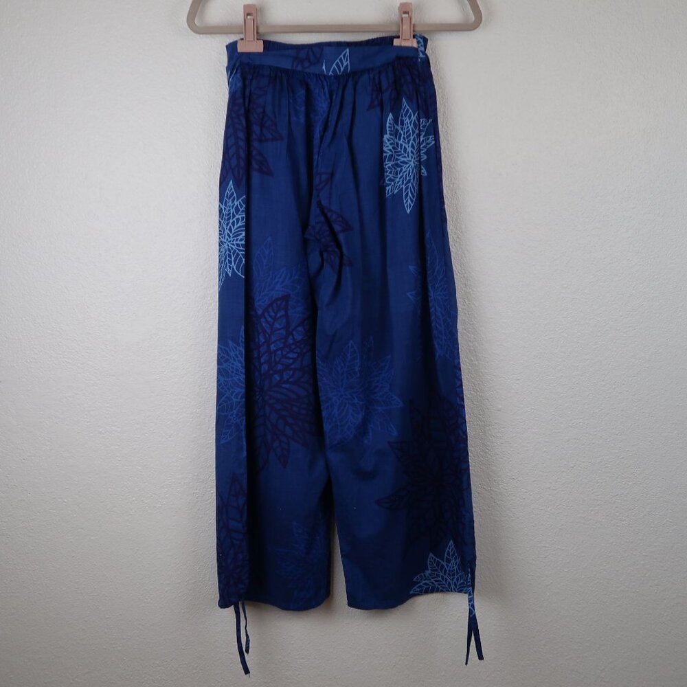 Aller Simplement S M Blue Floral 100% Cotton Wide-Leg Cropped Womens Pants Boho - Picture 3 of 5